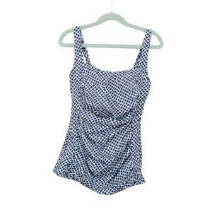 LL Bean Top Womens Navy White Square Neck Floral Tankini Size 4 Beach Swim